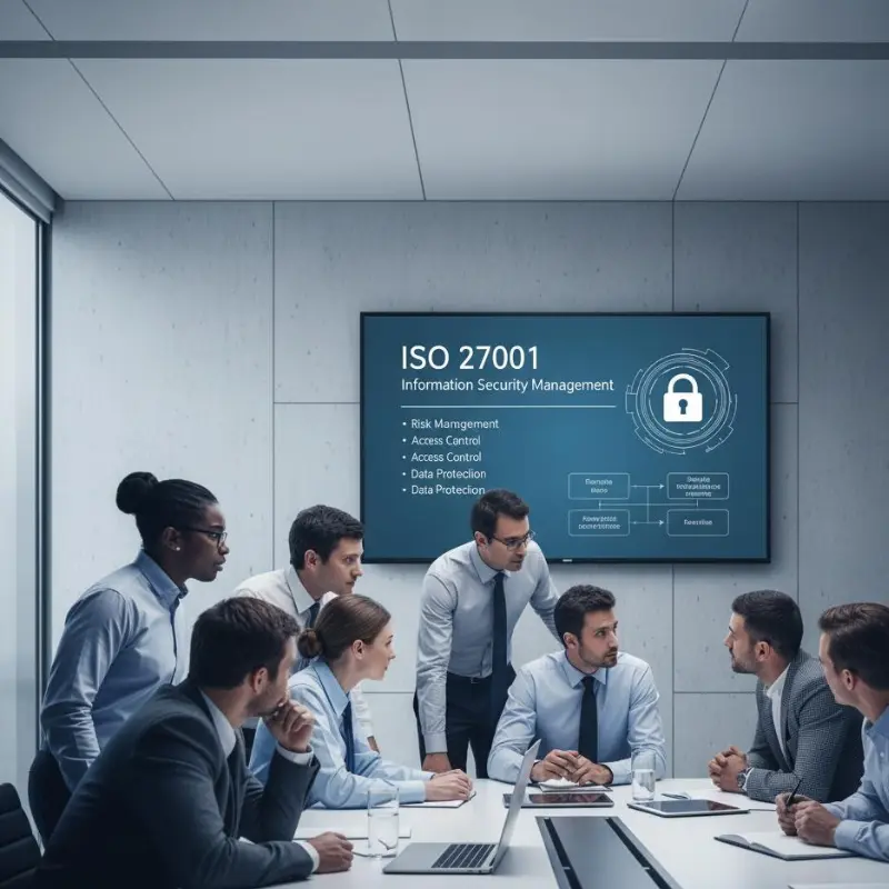 Team discussing ISO 27001 information security standard