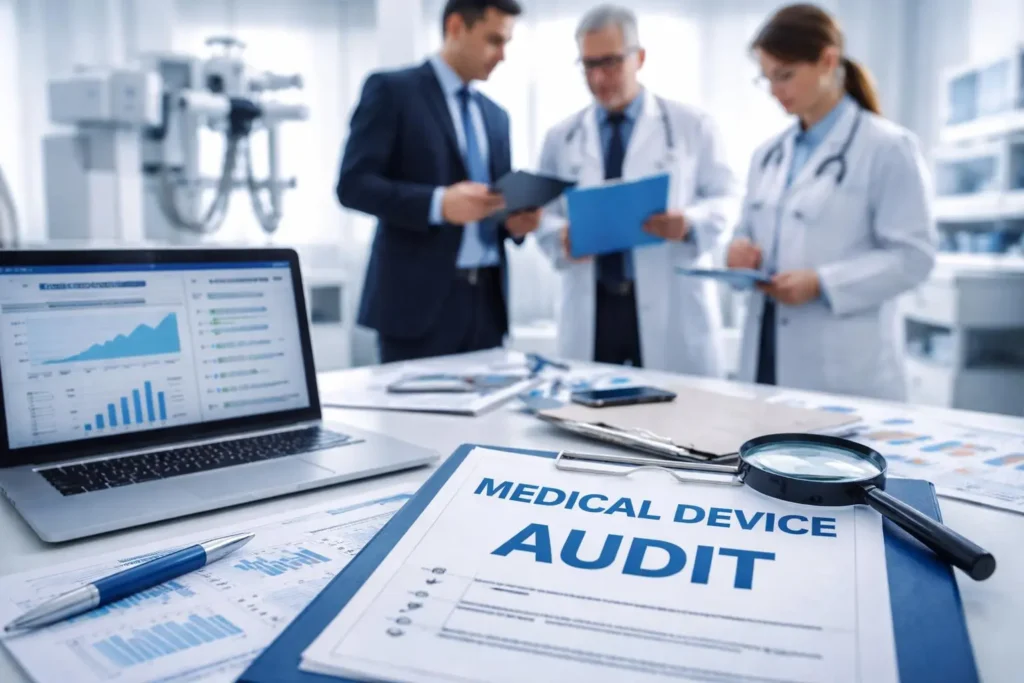Medical device quality management auditor reviewing audit records
