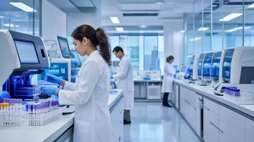 Laboratory technician checking calibration of a precision measuring instrument
